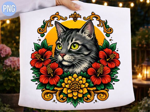 Download Vintage Floral Tabby Cat Head Design PNG - Design Collection