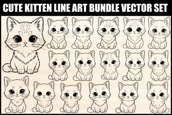 Download Cute Kitten Line Art Bundle Vector Set - Vector Collection